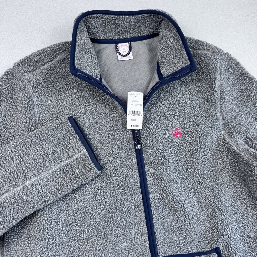 NWT Brooks Brother Sherpa Fleece Jacket M Full Zip Gray Logo Pocket Long Sleeve
